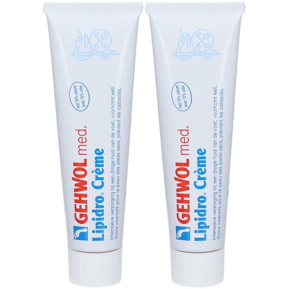 Deux tubes de Gehwol med. Lipidro Crème. Tubes blancs avec texte et logo bleus. Inscription: Soin intensif pour peau sèche.