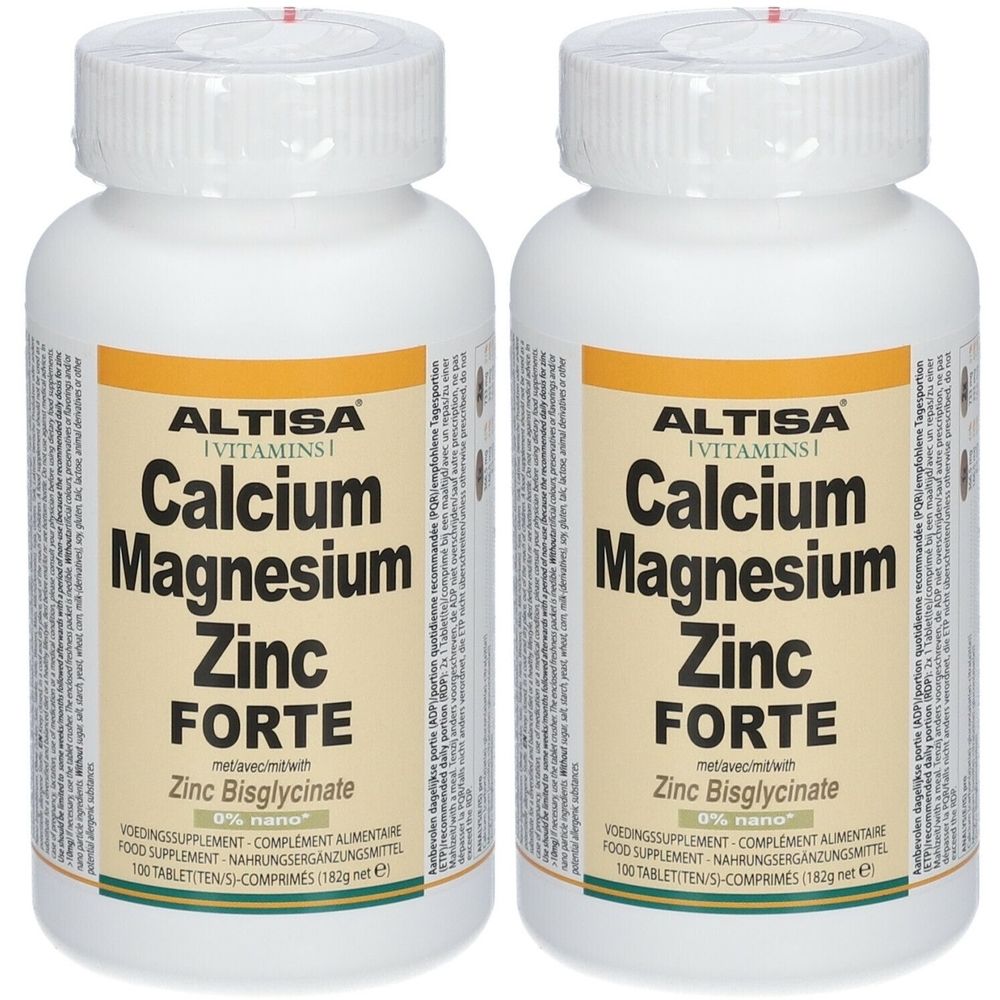 Deux flacons de Altisa Calcium Magnésium Zinc Forte. Flacons blancs avec étiquettes jaunes. Texte: Calcium, Magnésium, Zinc Forte.