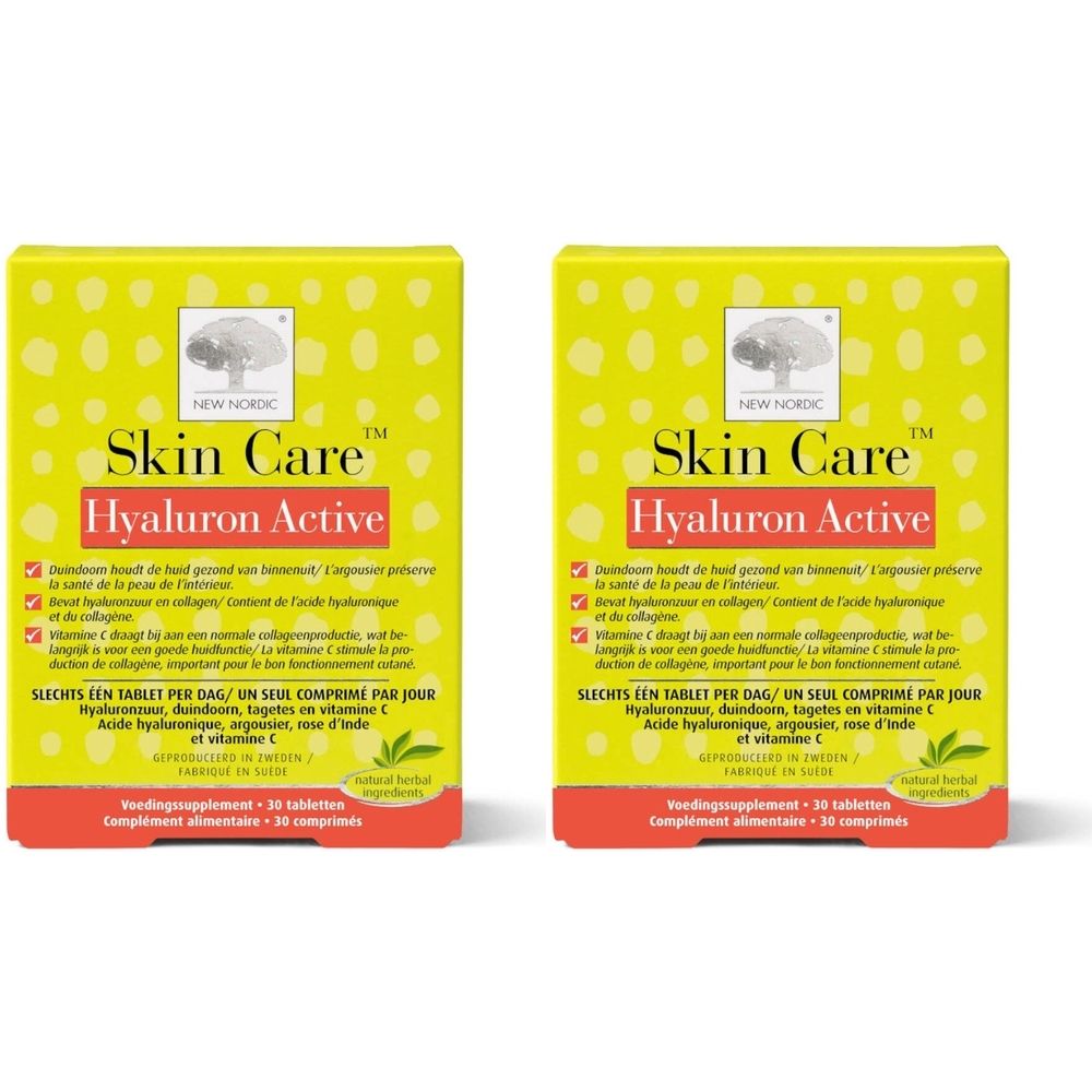 Deux boîtes de New Nordic Skin Care™ Hyaluron Active. Emballage jaune avec bande rouge et nom du produit. Contient 30 comprimés.