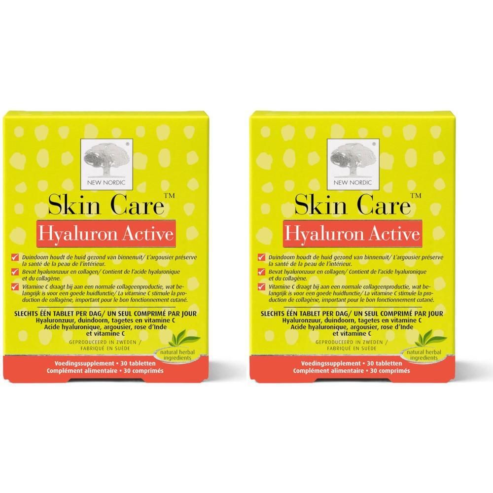 Deux boîtes de New Nordic Skin Care™ Hyaluron Active. Emballage jaune avec bande rouge et nom du produit. Contient 30 comprimés.