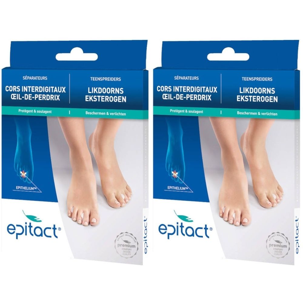 Deux boîtes Epitact. Inscription: Séparateurs, Cors interdigitaux, Oeil-de-perdrix. Pieds avec séparateurs.