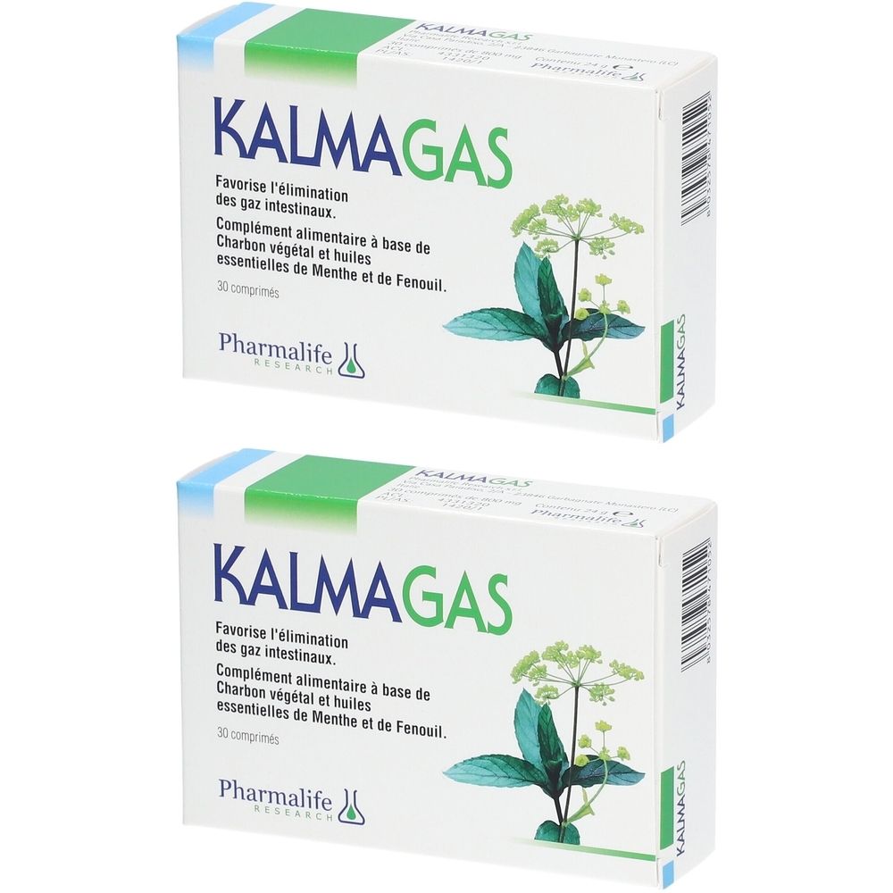 Deux boîtes de Kalmagas® côte à côte. Boîtes blanches avec couvercle vert et nom du produit. Illustration de plantes.