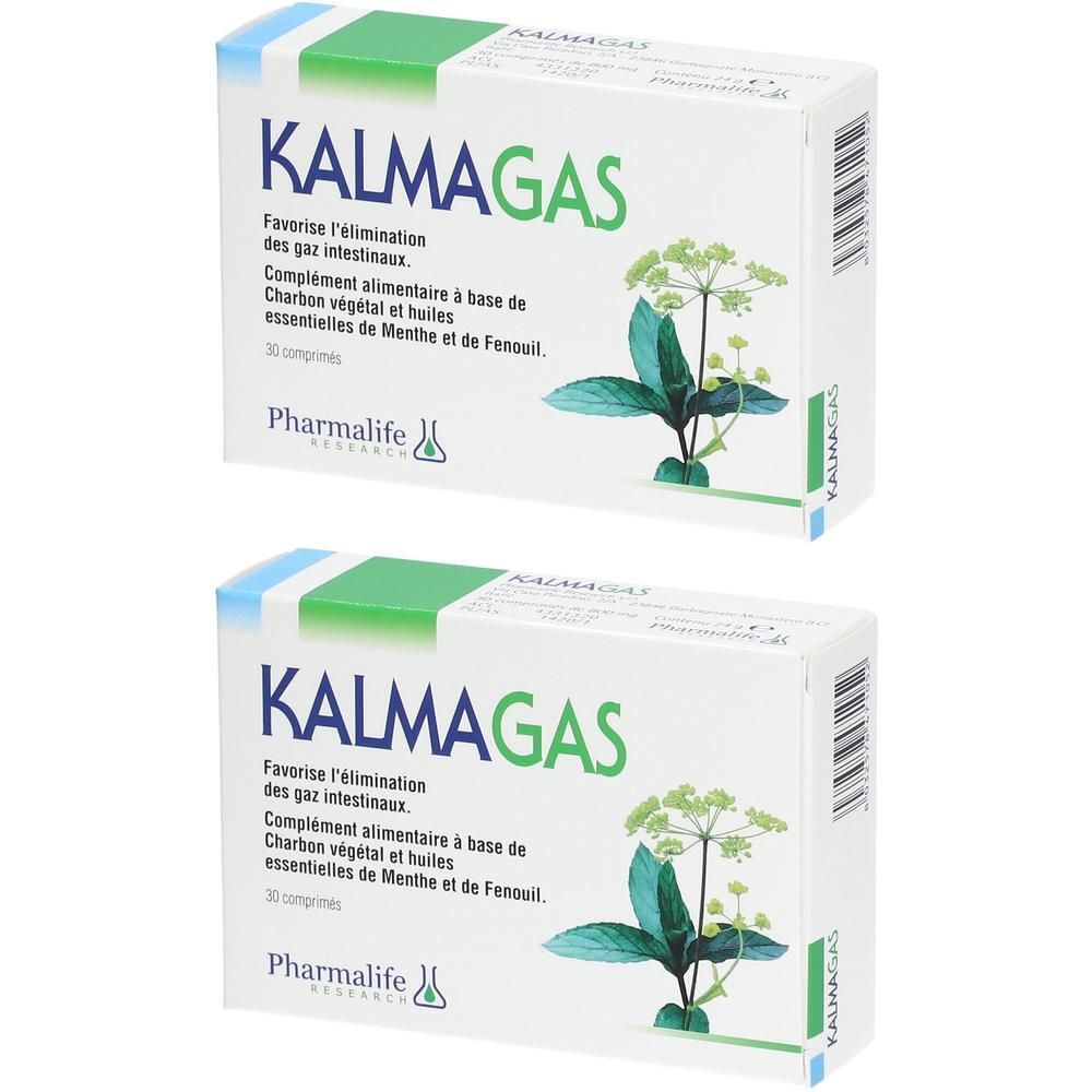 Deux boîtes de Kalmagas® côte à côte. Boîtes blanches avec couvercle vert et nom du produit. Illustration de plantes.