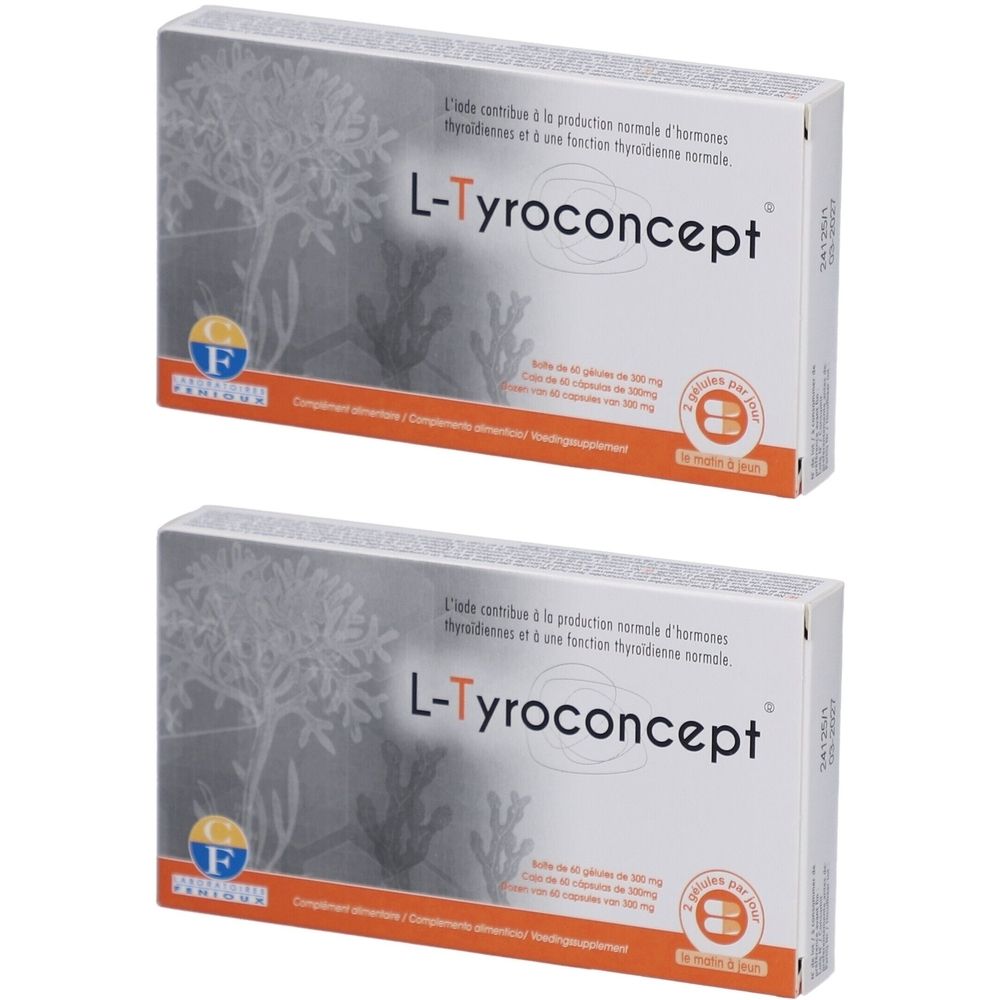 Deux boîtes L-Tyroconcept, blanc avec texte bleu. Inscription: Fonction thyroïdienne. Marque FENIOUX.