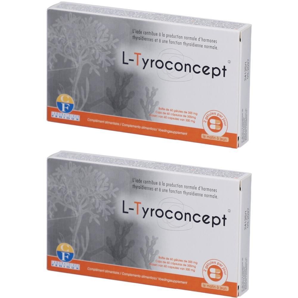 Deux boîtes L-Tyroconcept, blanc avec texte bleu. Inscription: Fonction thyroïdienne. Marque FENIOUX.