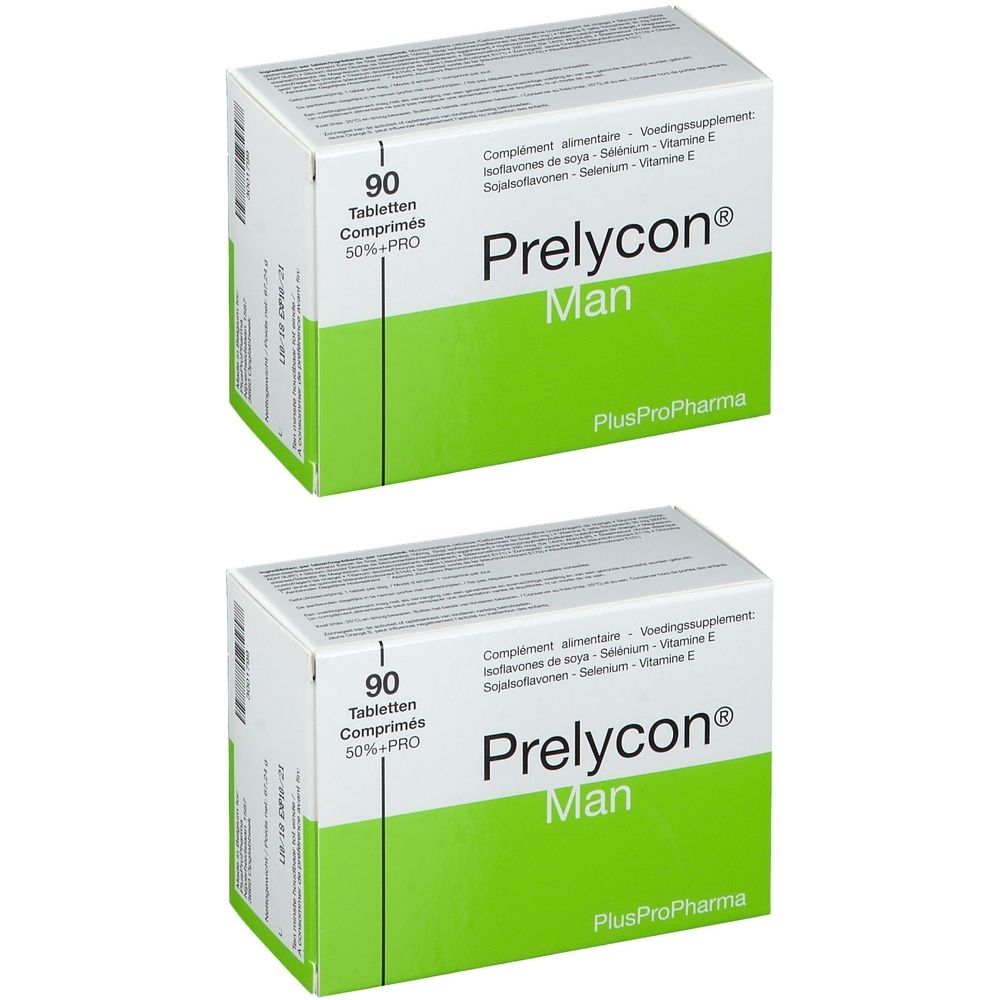 Deux boîtes de Prelycon Man. Boîtes blanches avec des accents verts. Inscription: 90 comprimés, Prelycon Man, PlusProPharma.