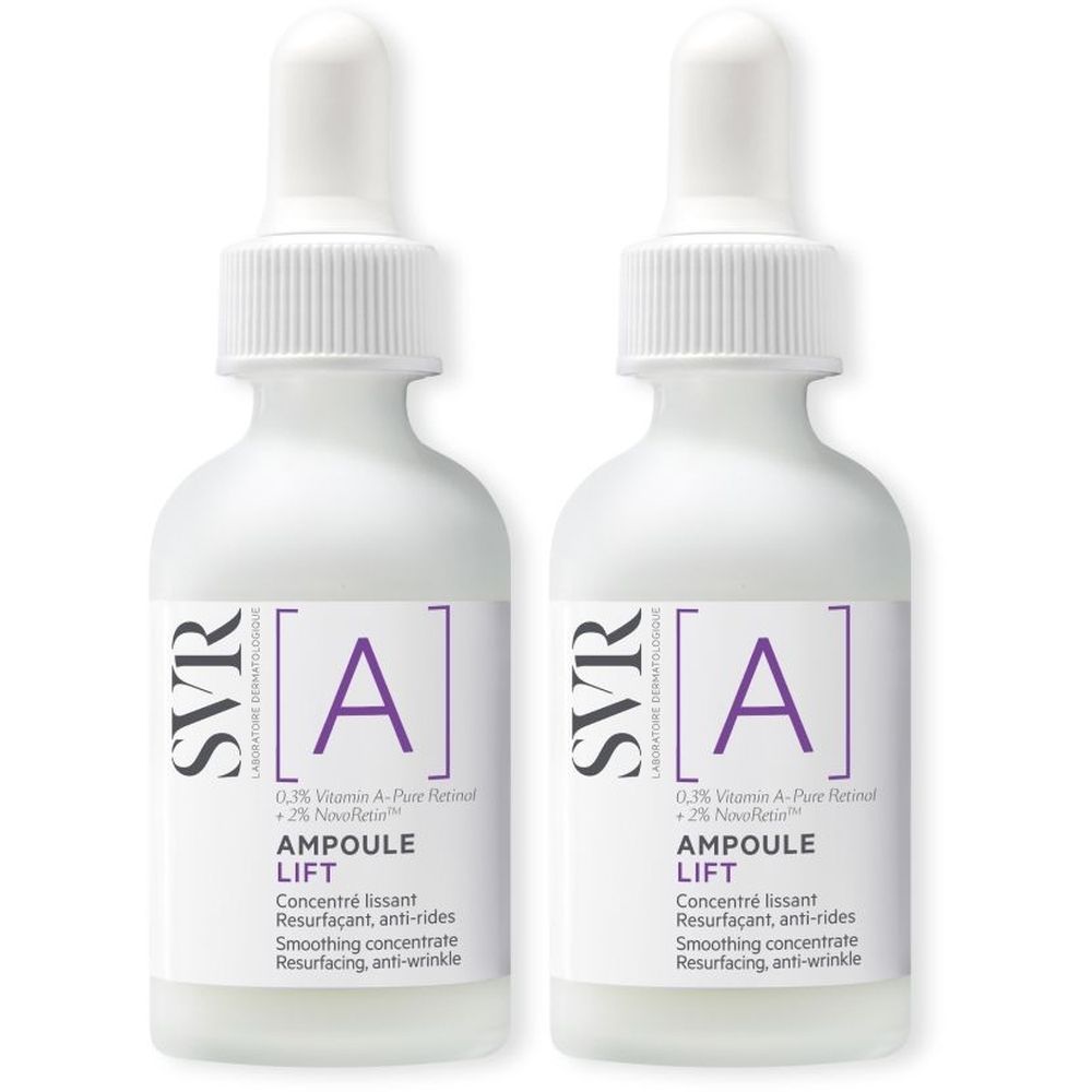 Deux flacons SVR Ampoule Lift avec compte-gouttes. Flacons blancs avec étiquette. Inscription : A, Ampoule Lift, 0,3% Vitamine A-Pure Retinol.