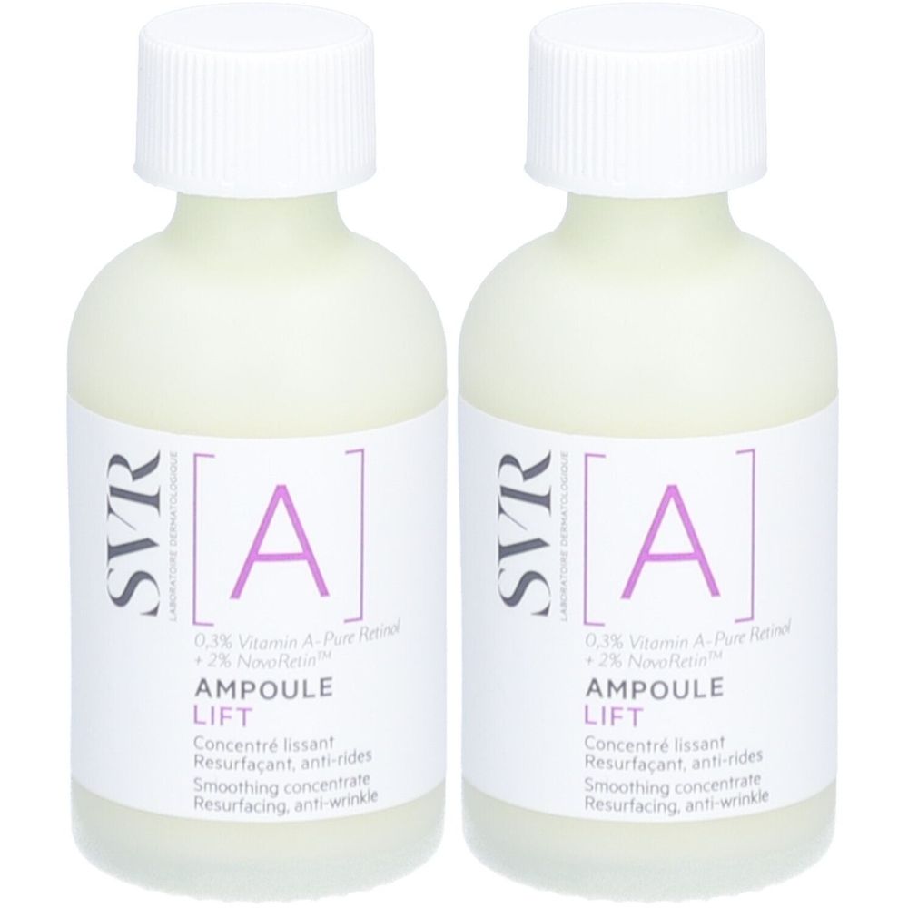 Deux flacons SVR Ampoule Lift. Flacons blancs avec bouchon et étiquette blancs. Inscription : A, Ampoule Lift, 0,3% Vitamine A-Pure Retinol.
