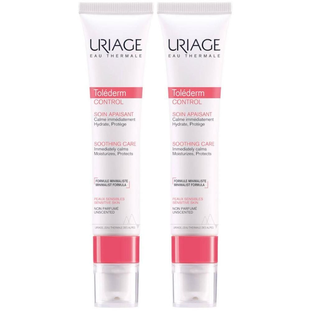 Deux tubes de Uriage Toléderm CONTROL. Blanc, lettrage rouge et noir. Inscription : Soin Apaisant.
