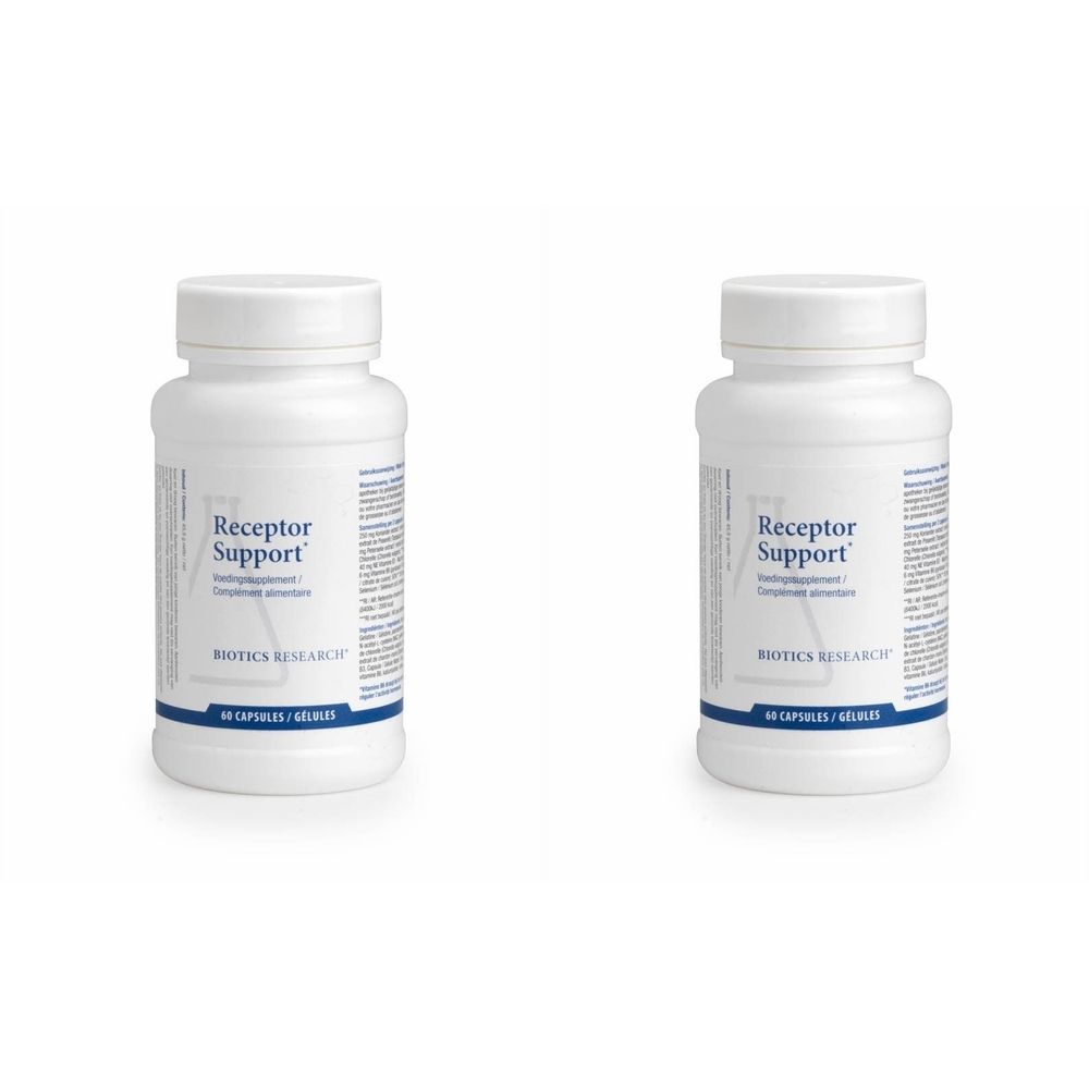 Deux flacons blancs avec étiquette "Receptor Support". Marque "Biotics Research". Contient 60 gélules.