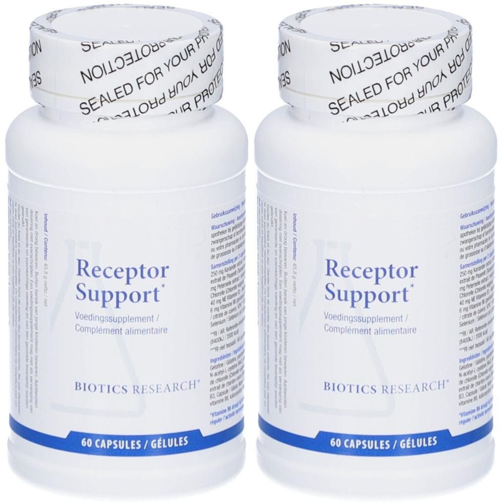 Deux flacons blancs avec l'étiquette "Receptor Support". Marque "Biotics Research". Chaque flacon contient 60 gélules.