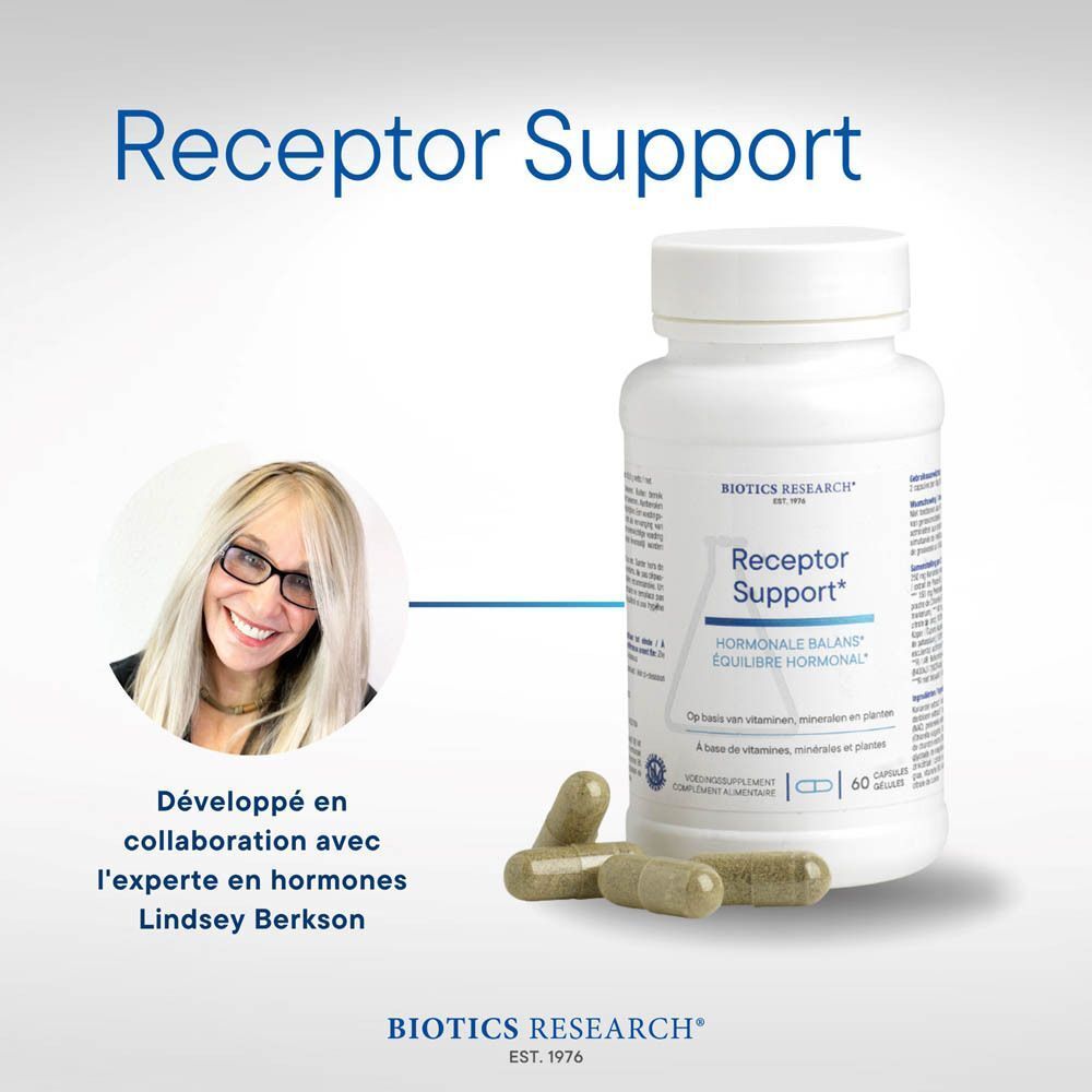 Receptor Support: Bouteille, icônes hommes/femmes, énergie, qualité, balance, laboratoire.