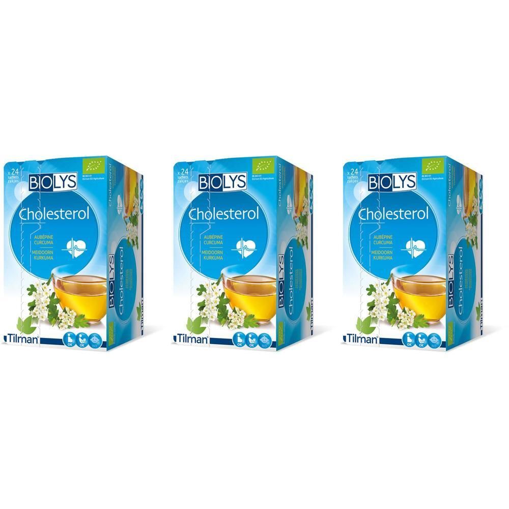 Trois boîtes de préparation BIOLYS Cholestérol à l'Aubépine et Curcuma. Emballage bleu avec des herbes et une tasse de thé.