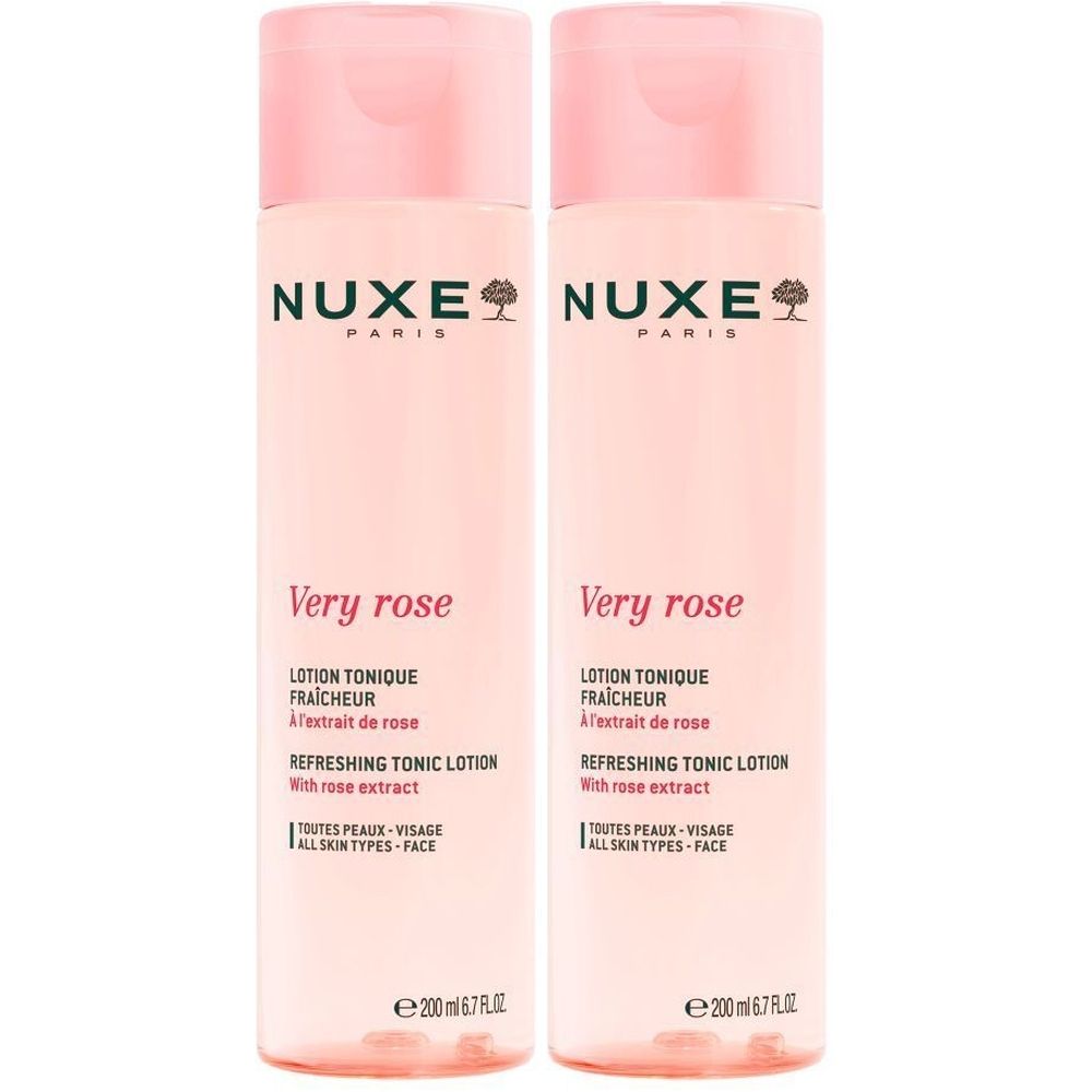 Deux flacons de lotion NUXE Very Rose. Flacons roses avec bouchons roses. Inscription: Very Rose, Lotion Tonique Fraicheur, Refreshing Tonic Lotion.
