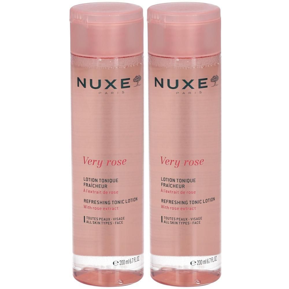 Deux flacons de lotion NUXE Very Rose. Flacons roses avec bouchons roses. Inscription: Very Rose, Lotion Tonique Fraicheur, Refreshing Tonic Lotion.