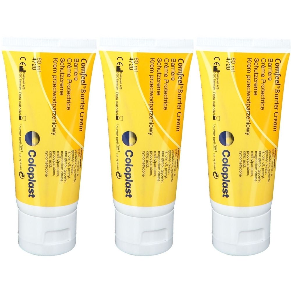 Trois tubes de Comfeel Barrier Cream. Tubes jaunes avec bouchon blanc. Inscription : Barrière, Crème Protectrice, Schutzcreme, Krem przeciwodparzeniowy.