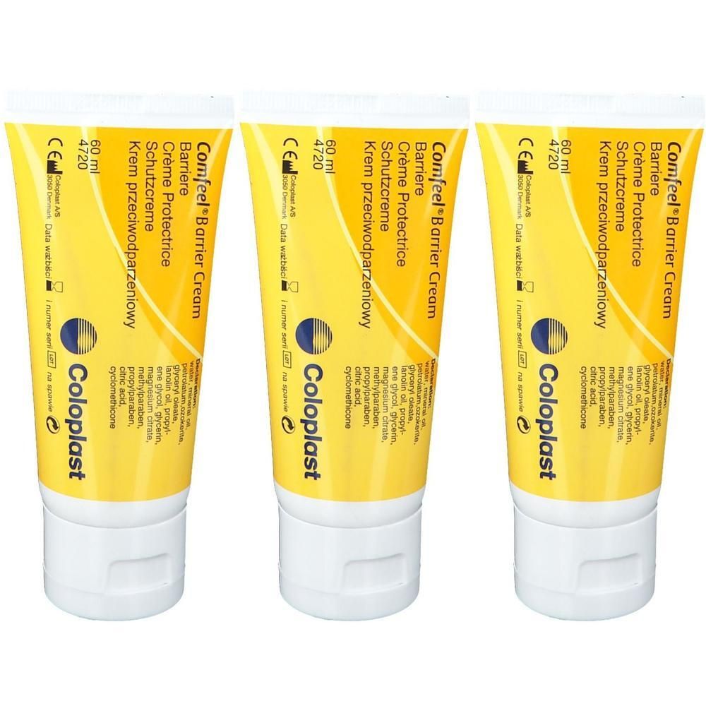 Trois tubes de crème protectrice Coloplast Comfeel Barrière. Tubes jaunes avec bouchons blancs. Inscriptions multilingues.