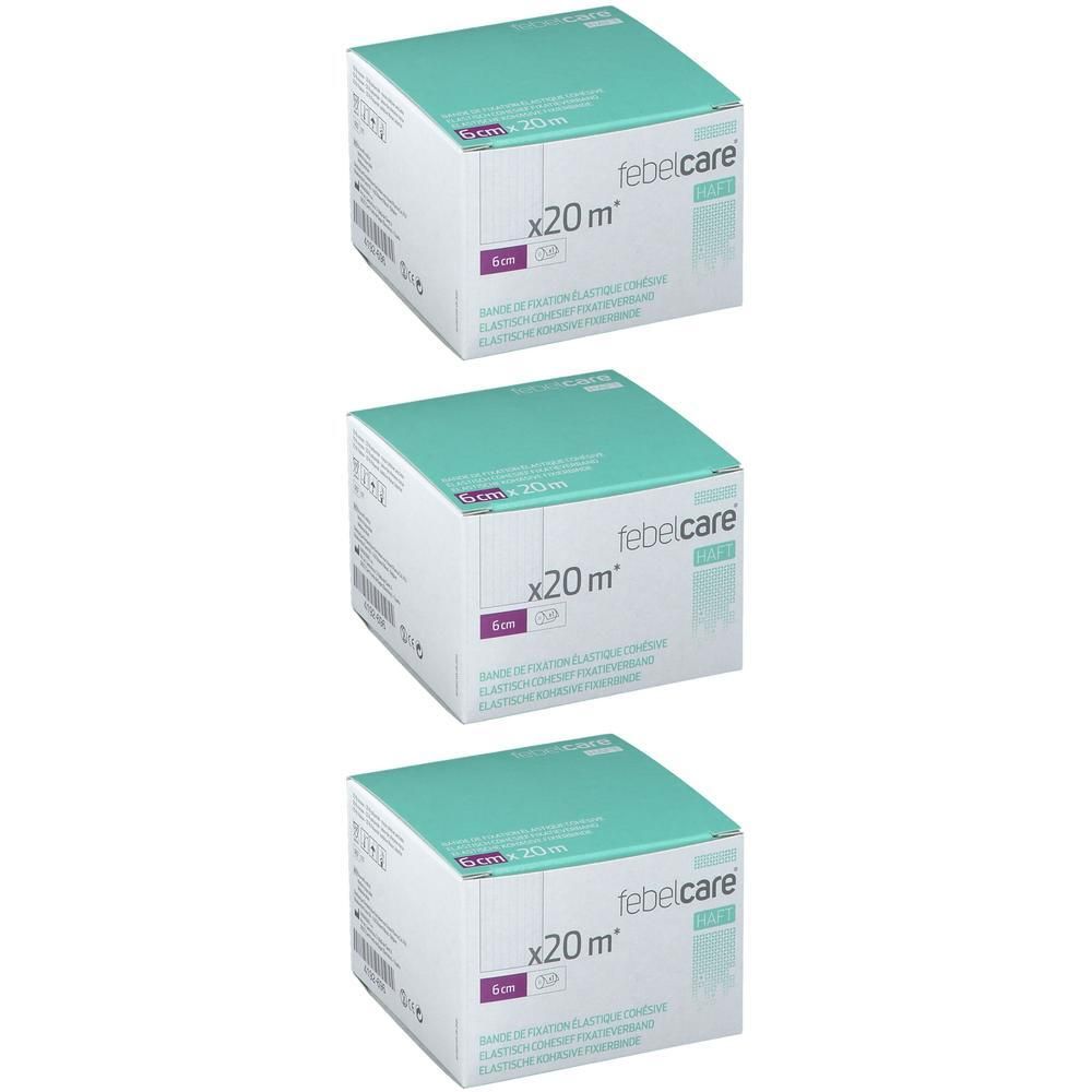 Trois boîtes febelcare® HAFT. Bandage de fixation élastique cohésive. Emballage turquoise et blanc, texte: 6 cm x 20 m.