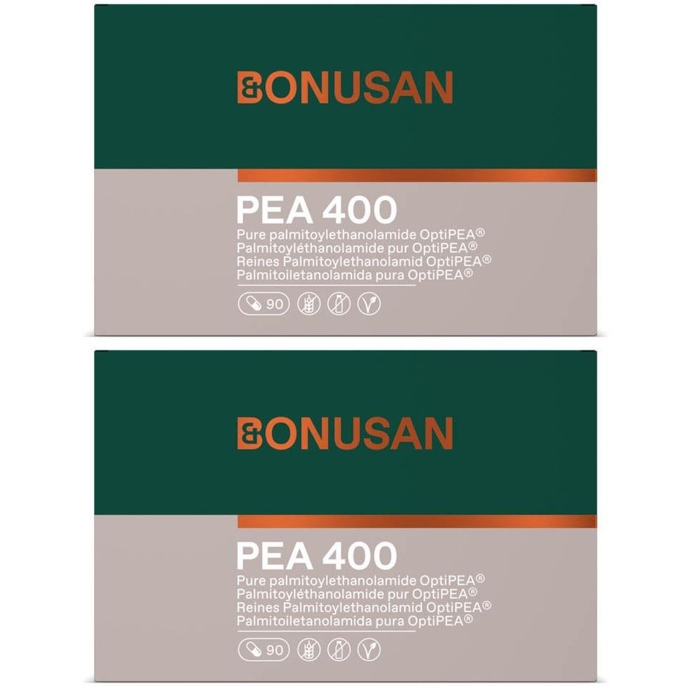 Deux boîtes de Bonusan PEA 400. Emballage vert et beige. Contient 90 gélules. Marque Bonusan.