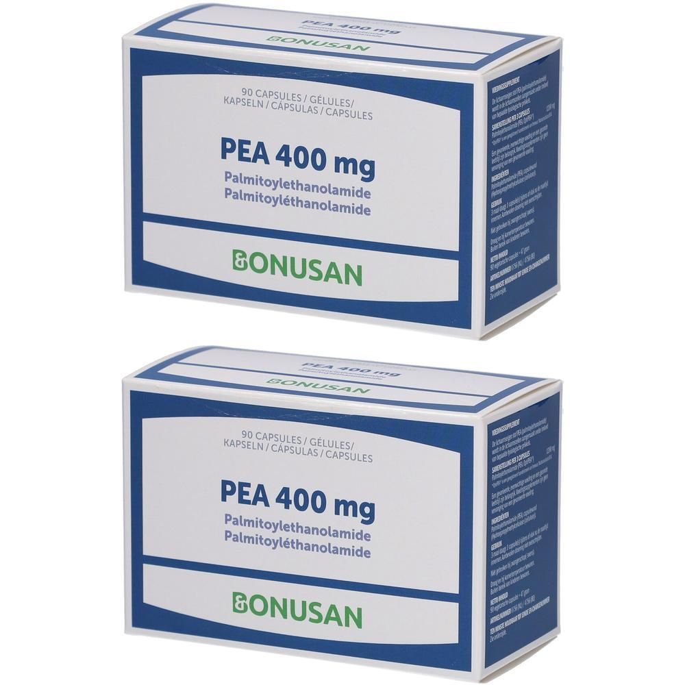 Deux boîtes de Bonusan PEA 400 mg. Emballage bleu avec texte blanc. Contient 90 gélules. Marque Bonusan.