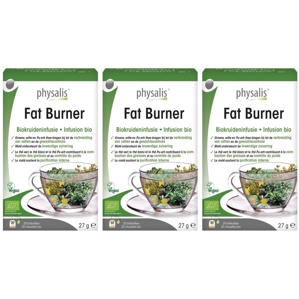 Trois boîtes de Physalis Fat Burner. Emballage vert et blanc avec nom du produit et image d'une tasse d'infusion. Label bio.