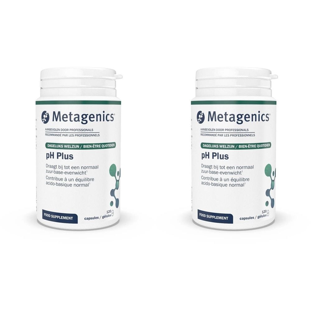 Deux flacons blancs avec l'étiquette "pH Plus". Marque Metagenics. Texte multilingue. 120 capsules. Design vert.