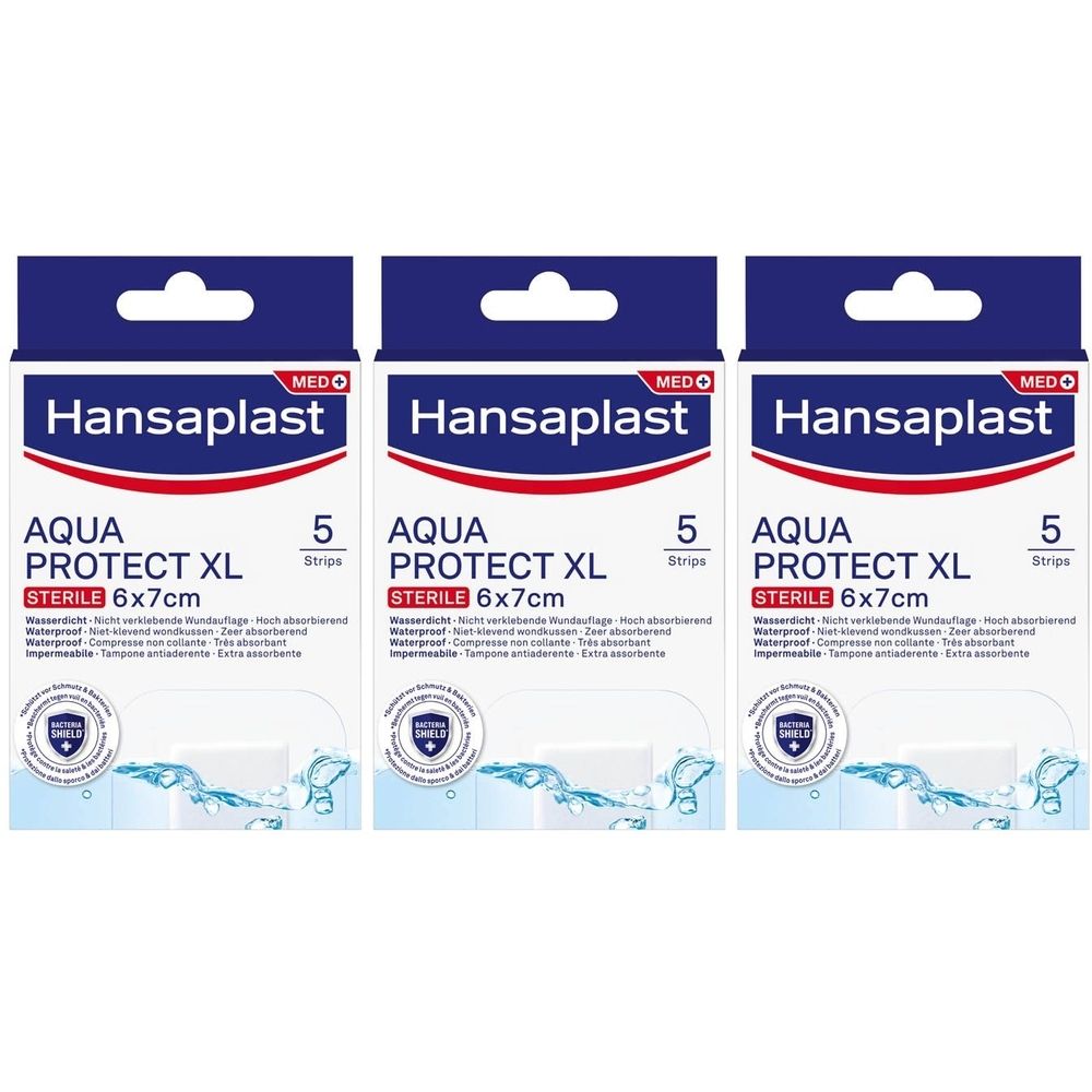 Trois boîtes de Hansaplast AQUA PROTECT XL, stériles, 6x7cm. Chaque boîte contient 5 pansements. Emballage bleu et blanc avec le nom du produit.
