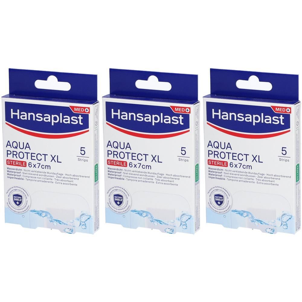 Trois boîtes de Hansaplast MED AQUA PROTECT XL, 6x7 cm, avec 5 pansements stériles. Emballage bleu et blanc avec informations.