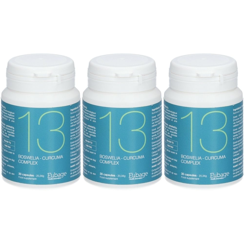 Trois flacons blancs avec le texte bleu "13" et "Boswellia-Curcuma Complex". Le nom "Eubage" est en bas.