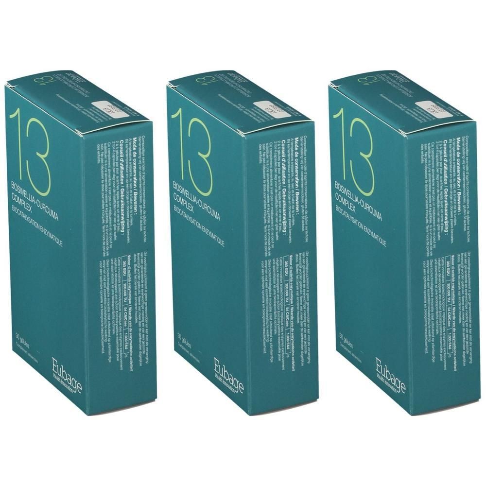 Trois boîtes vertes avec le texte "13" et "Boswellia-Curcuma Complex". Le nom "Eubage" est en bas.