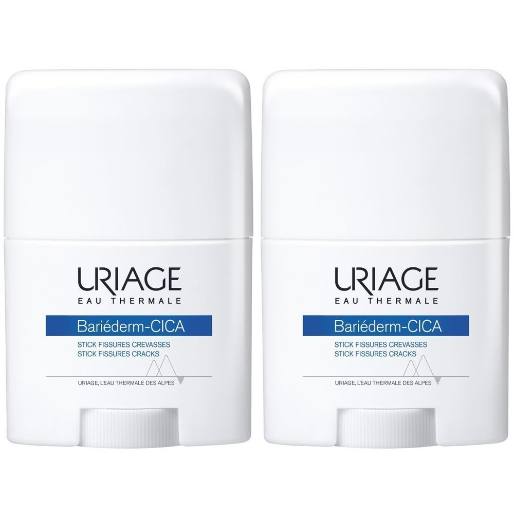 Deux sticks blancs avec inscription bleue: Uriage Bariéderm-CICA Stick Fissures Crevasses. Base rotative.