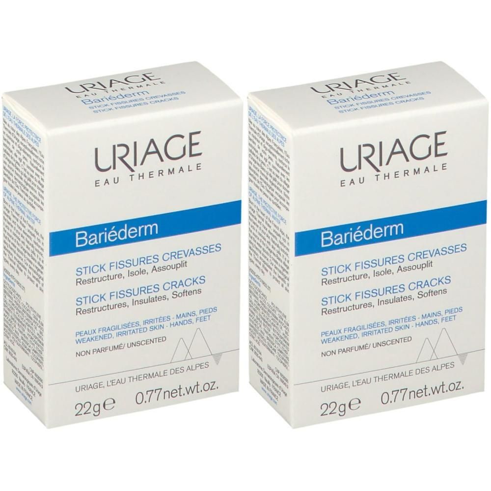 Deux boîtes rectangulaires. Inscription: Uriage Bariéderm Stick Fissures Crevasses. Couleurs bleu et blanc.