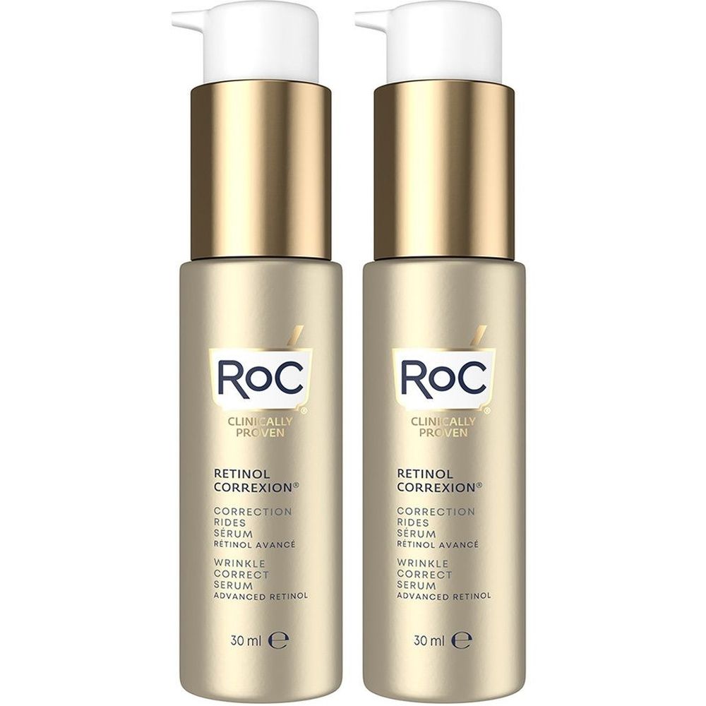 Deux flacons de sérum RoC® Retinol Correxion®. Flacons dorés avec nom et logo du produit. Pompes blanches.