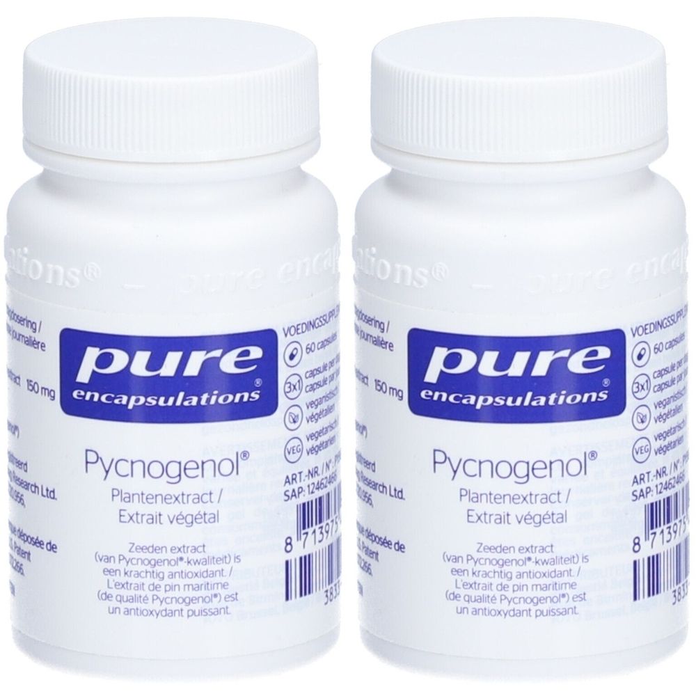 Deux flacons blancs avec texte bleu. Inscription: pure encapsulations® Pycnogenol®. Capsules.