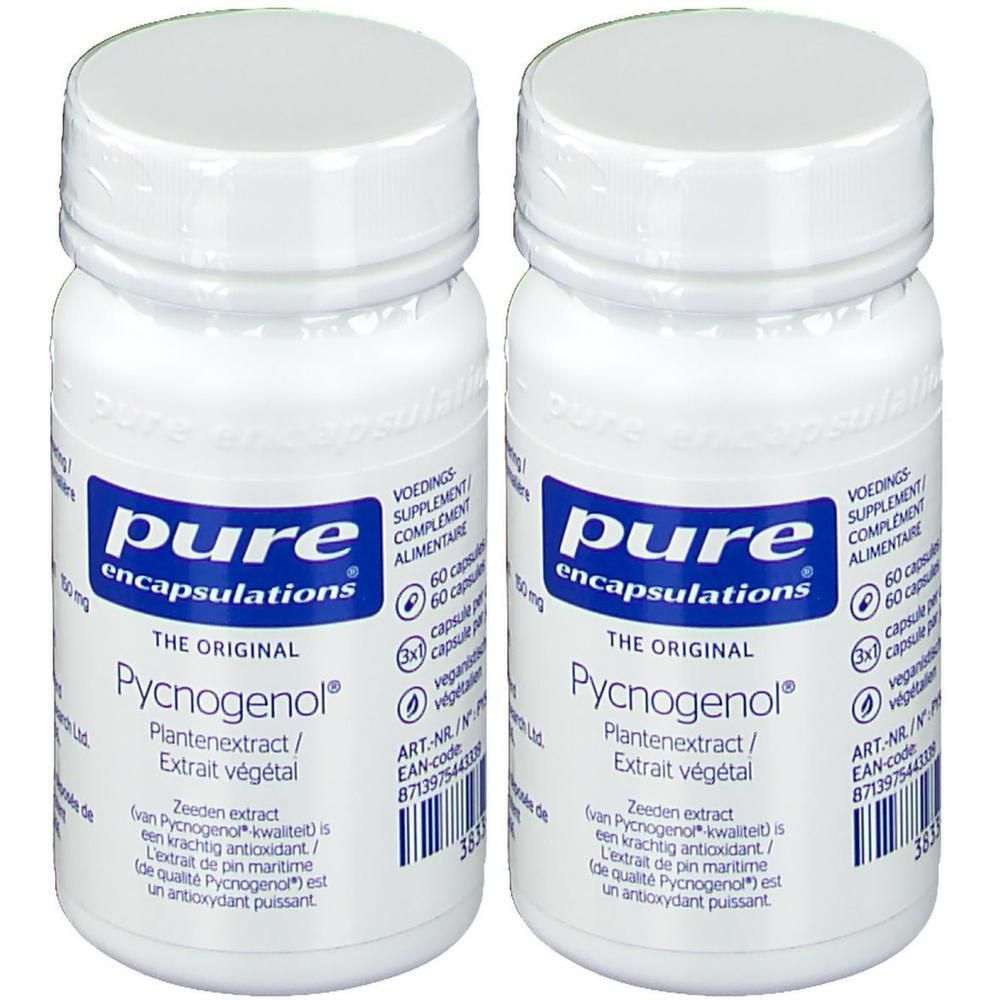 Deux flacons blancs avec texte bleu. Inscription: pure encapsulations® Pycnogenol®. Capsules.