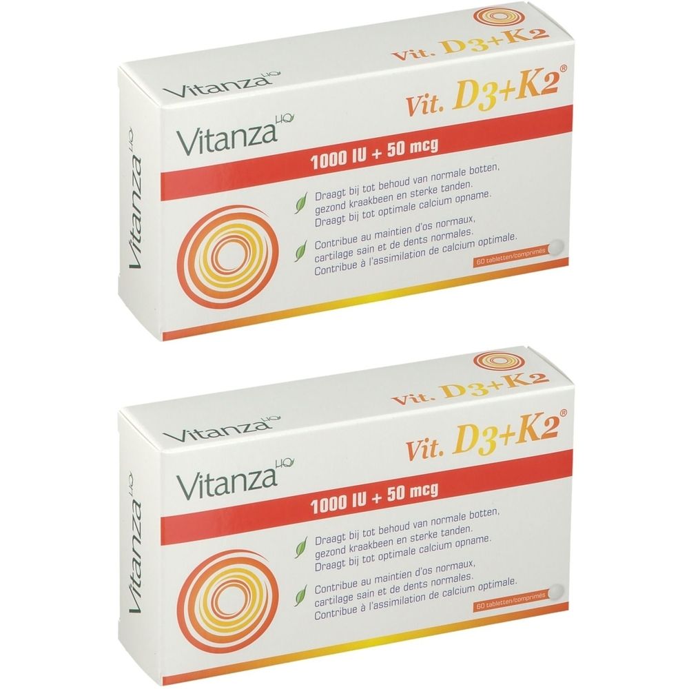 Deux boîtes blanches avec logo Vitanza et texte 'Vit. D3+K2'. Contient 1000 UI + 50 mcg. Texte en néerlandais et français.