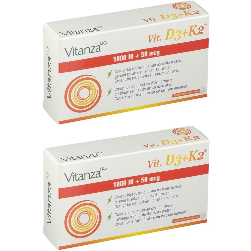 Deux boîtes blanches avec logo Vitanza et texte 'Vit. D3+K2'. Contient 1000 UI + 50 mcg. Texte en néerlandais et français.