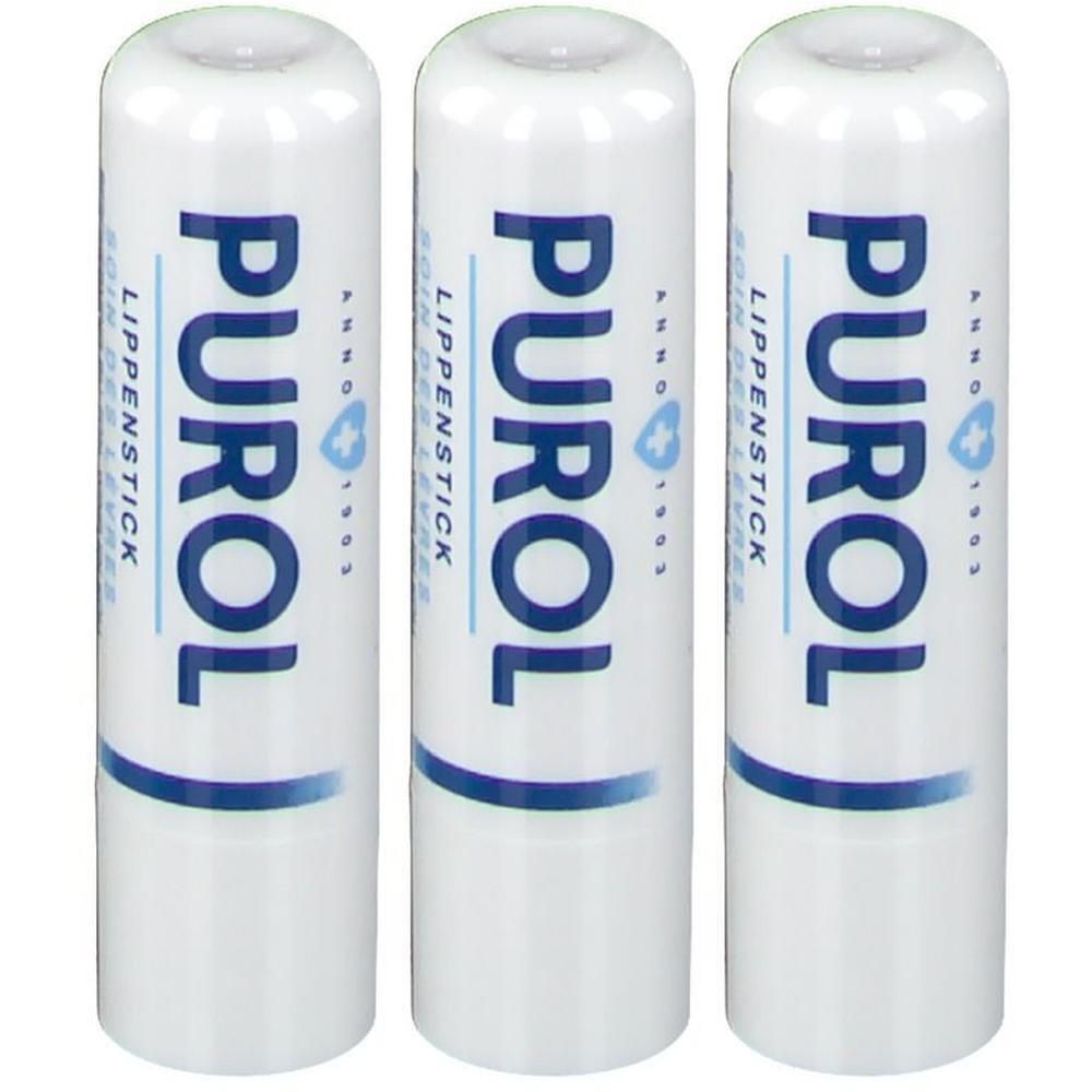 Trois sticks à lèvres blancs. Inscription bleue: PUROL, soin des lèvres. Embout ouvert.