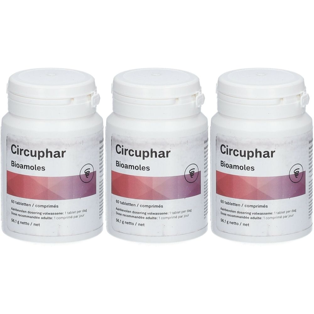 Trois flacons de pilules blancs avec couvercles. Chaque flacon porte l'inscription "Circuphar Bioamoles". Des informations supplémentaires sont imprimées.