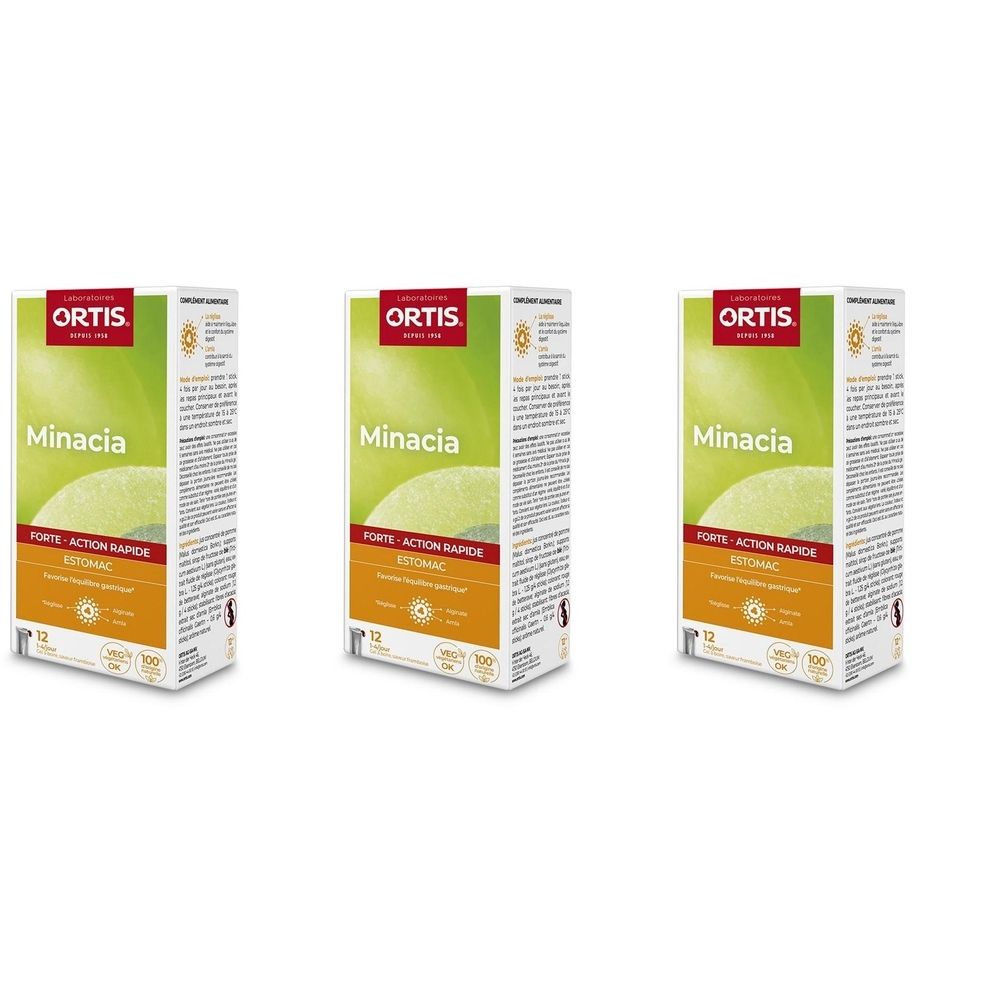 Trois boîtes Ortis® Minacia Forte. Emballage blanc avec éléments verts et orange. Texte: Minacia, Forte, Action Rapide.