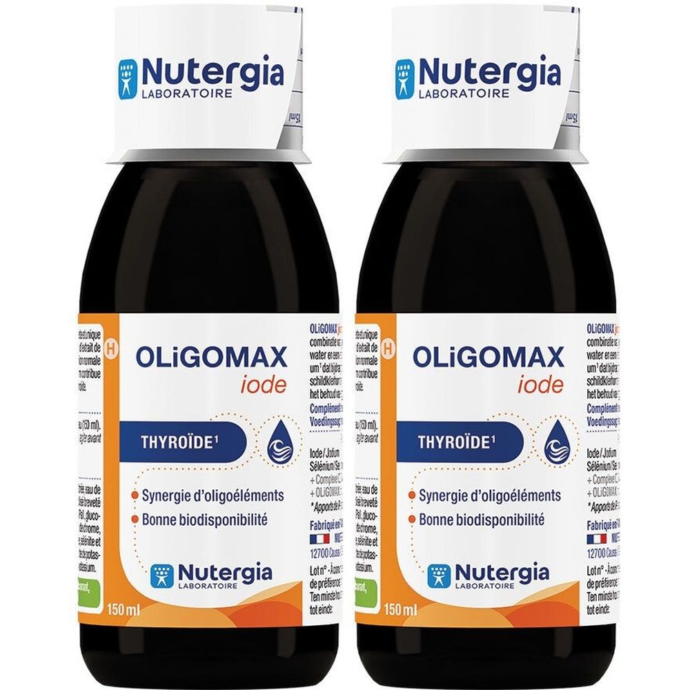 Deux flacons avec étiquettes. Inscription: Oligomax Iode, Thyroïde. Marque: Nutergia.