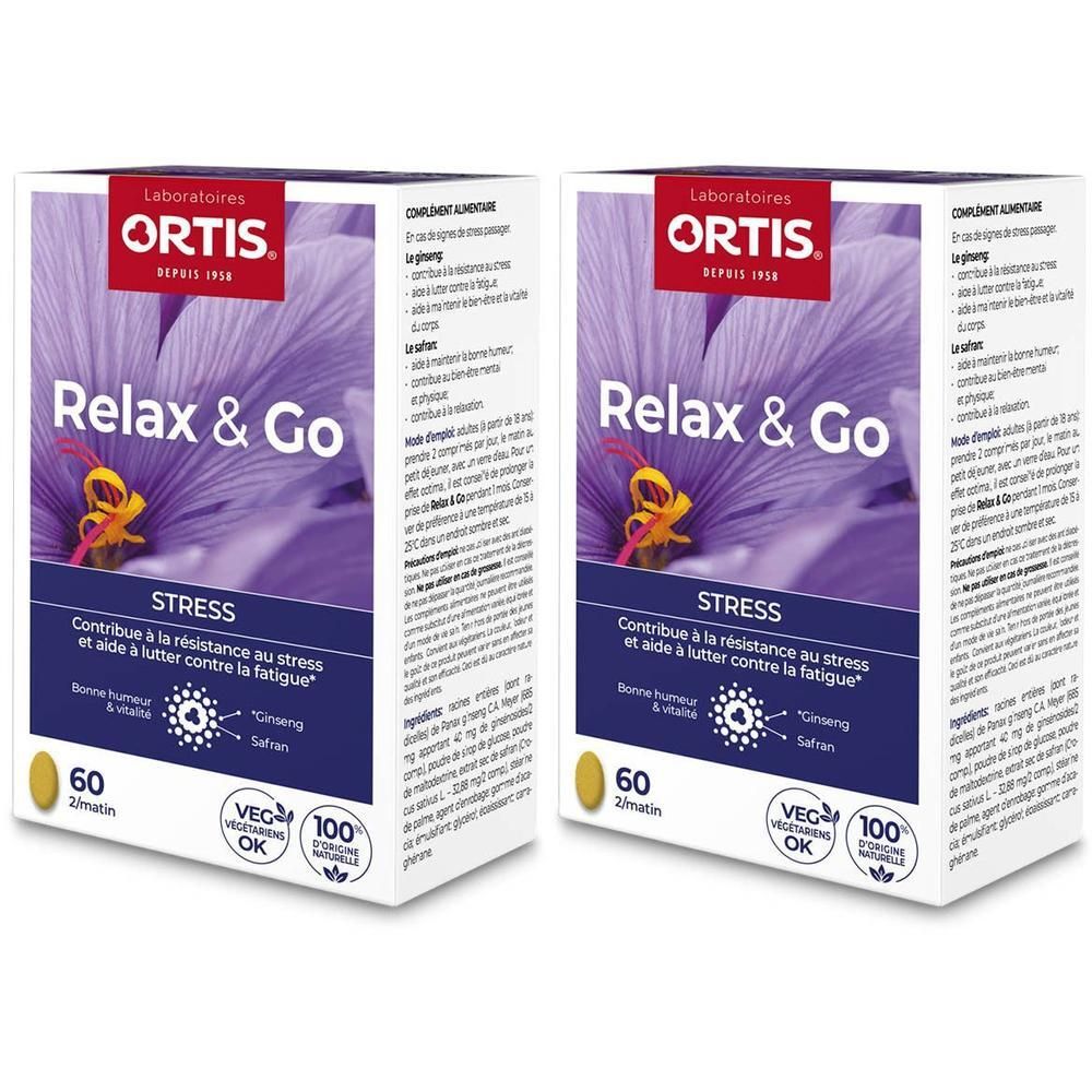 Deux boîtes Ortis Relax & Go. Inscription: Relax & Go, Stress, 60 comprimés, Veggie OK. Fond: fleur violette.