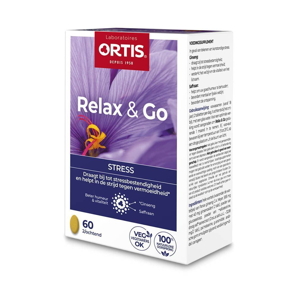 Une boîte Ortis Relax & Go. Inscription: Relax & Go, Stress, 60 comprimés, Veggie OK. Fond: fleur violette.