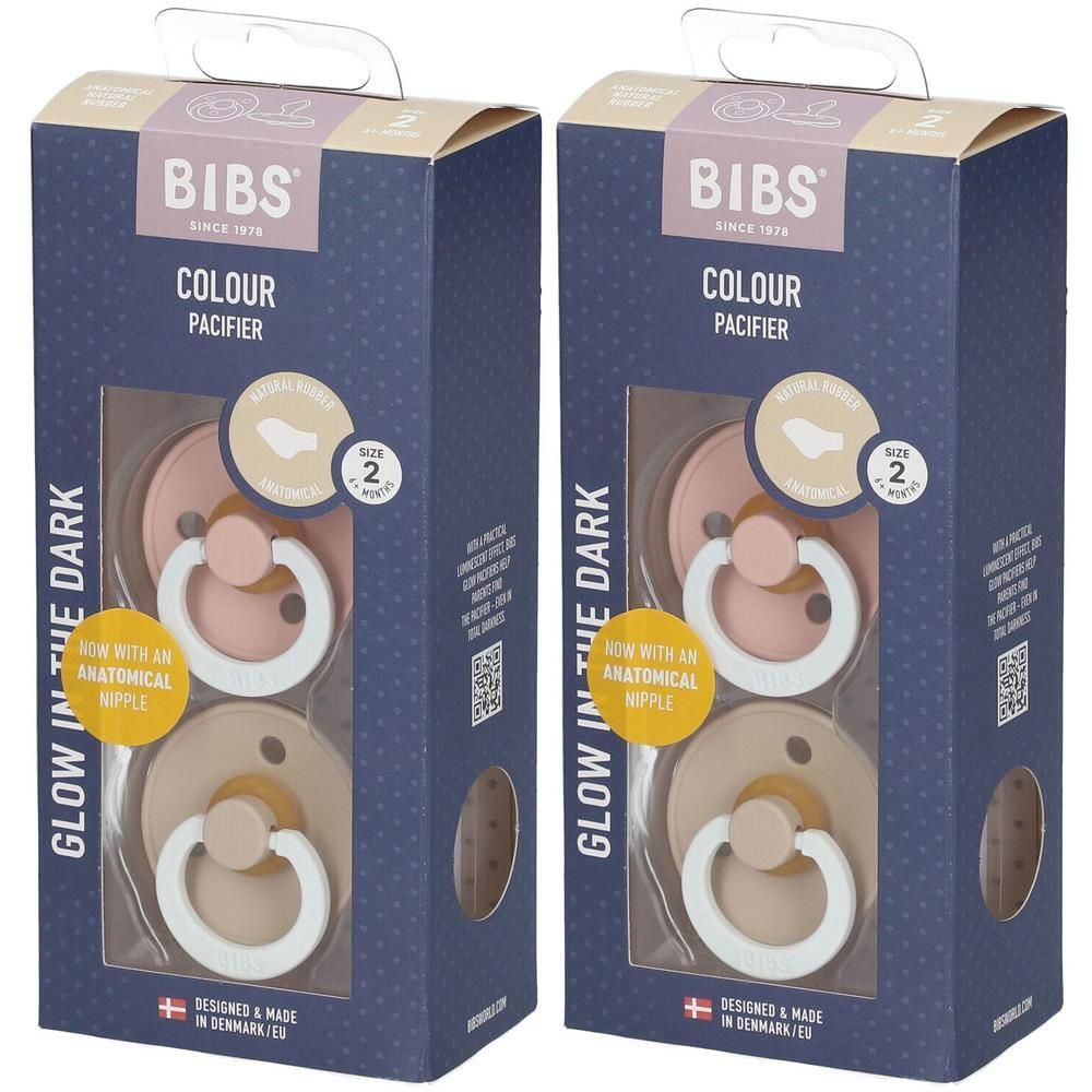Deux boîtes de sucettes. Logo BIBS. Tétine anatomique. Taille 2, 6-18 mois. Brille dans le noir.