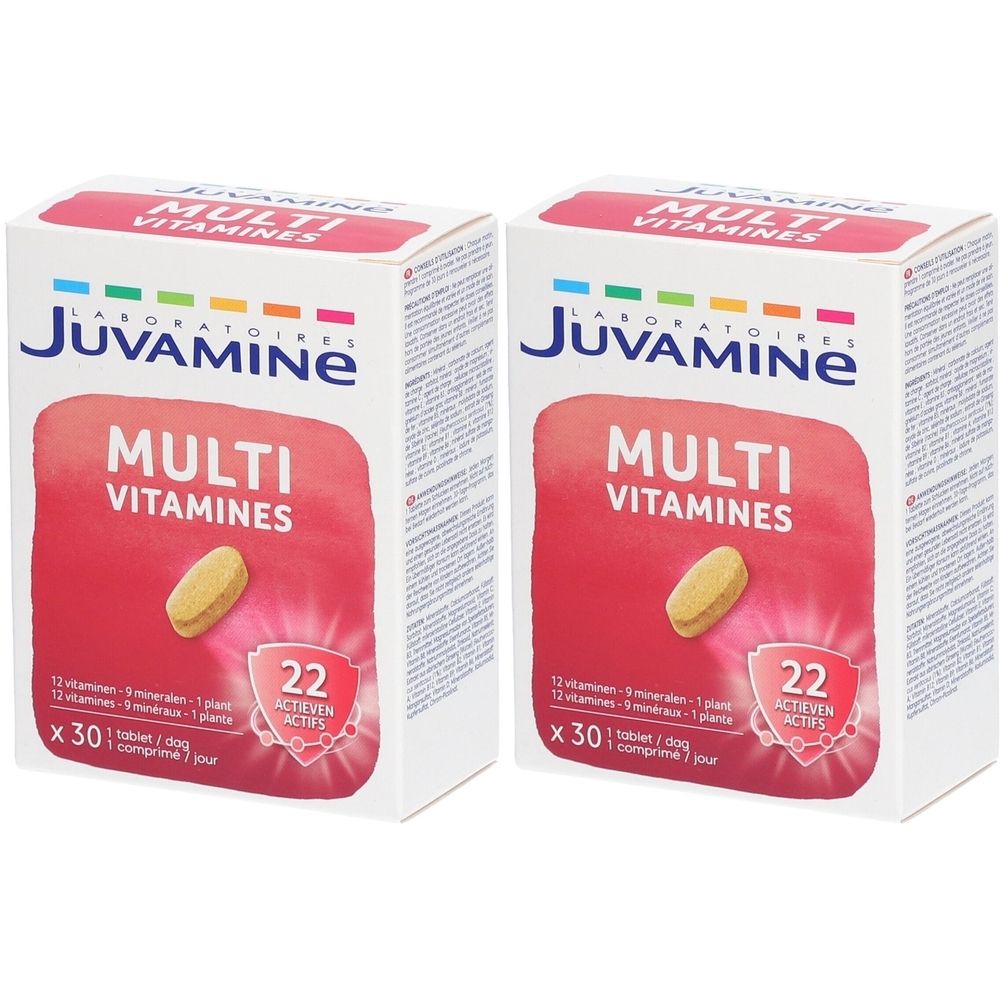 Deux boîtes de JUVAMINE Multi Vitamines. Emballage rouge et blanc, nom du produit et comprimé jaune.