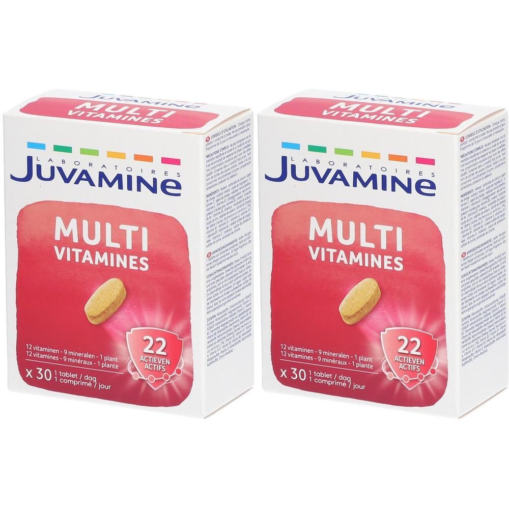 Deux boîtes de JUVAMINE Multi Vitamines. Emballage rouge et blanc, nom du produit et comprimé jaune.