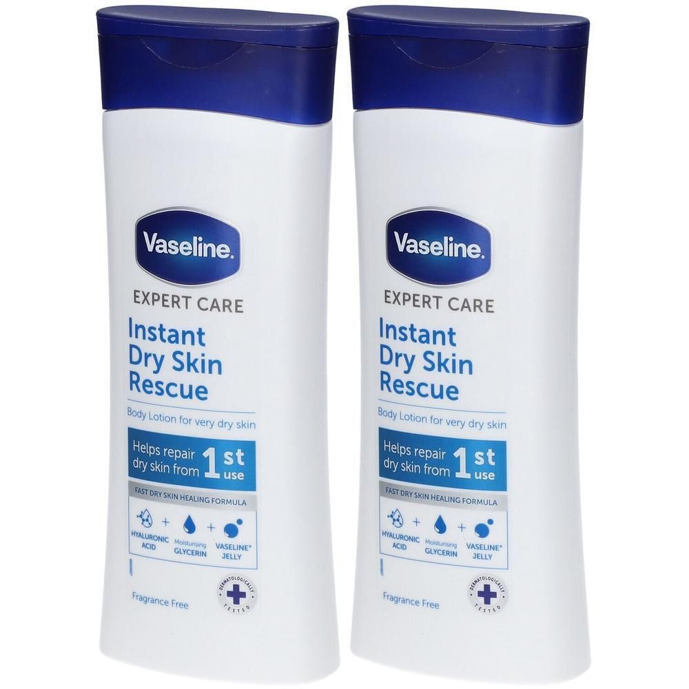 Deux flacons de lotion pour le corps Vaseline Expert Care Instant Dry Skin Rescue. Flacons blancs avec bouchon bleu et texte bleu.