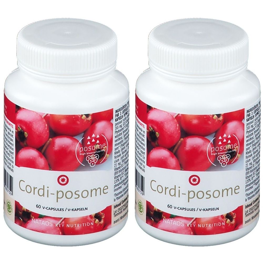Deux flacons blancs avec étiquettes rouges. Inscription Cordi-posome, 60 V-capsules. NATAOS KEY NUTRITION.