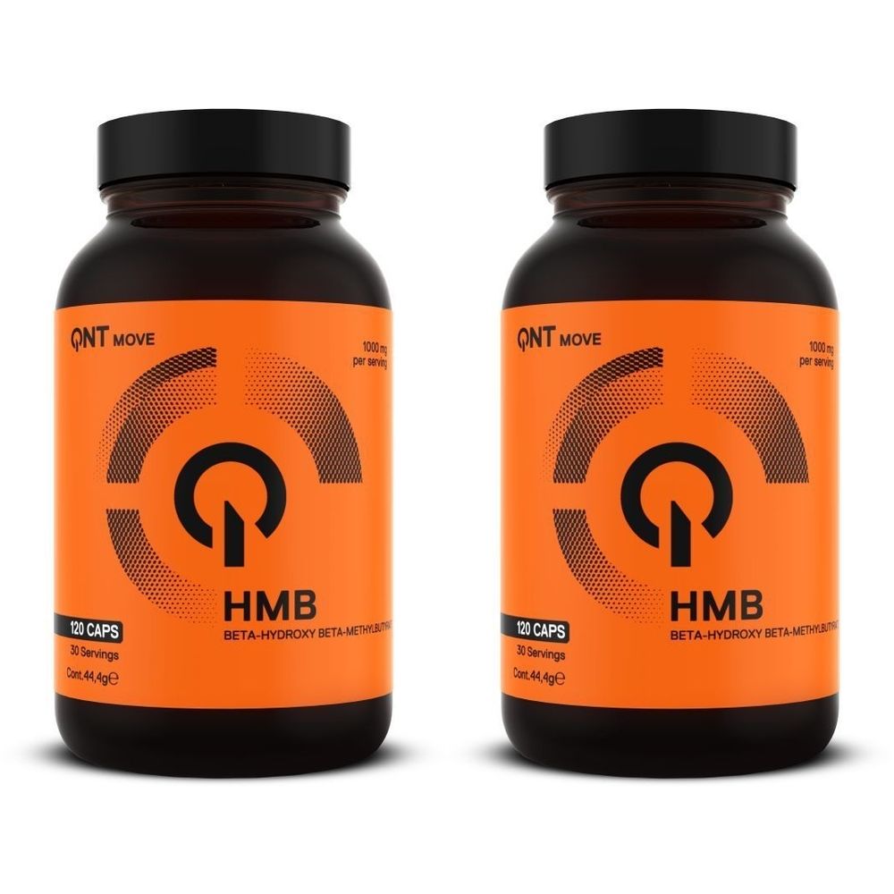 Deux flacons de gélules QNT HMB. Étiquettes orange avec texte noir. Bouchon noir. 120 gélules par flacon.