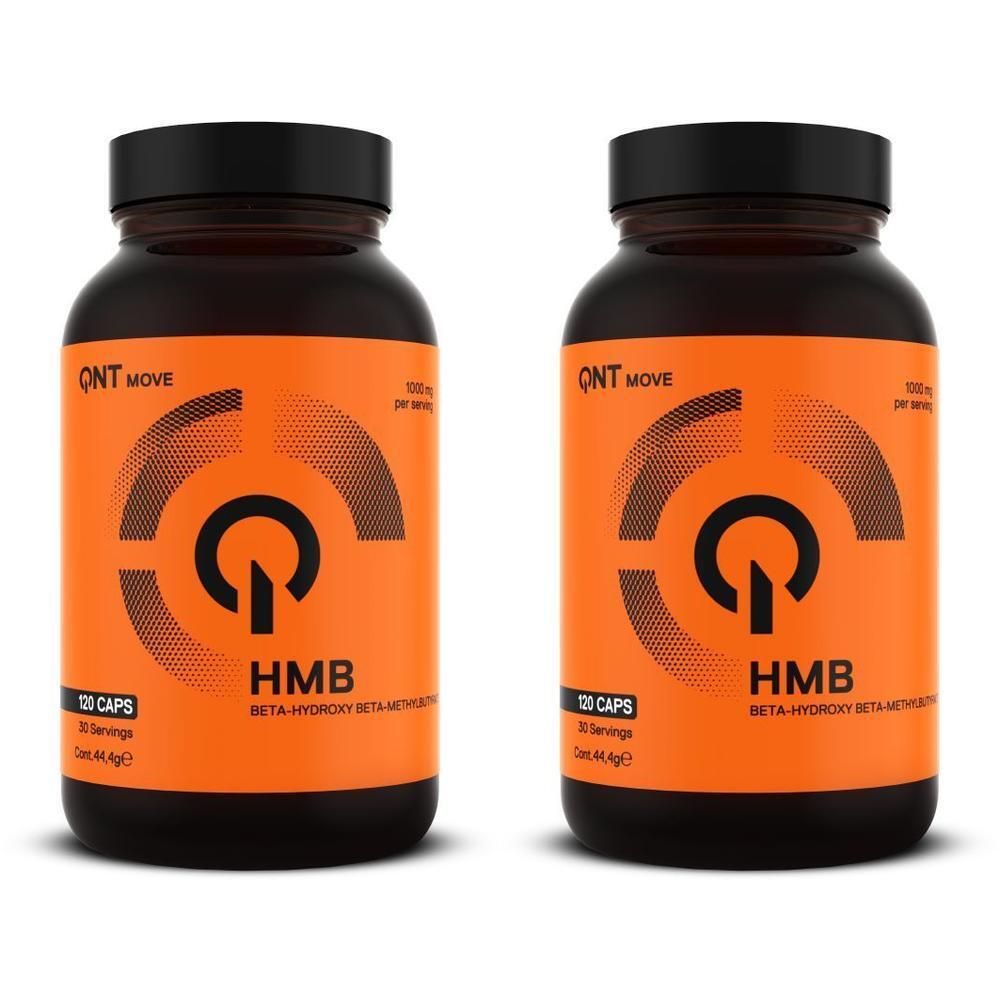 Deux flacons de gélules QNT HMB. Étiquettes orange avec texte noir. Bouchon noir. 120 gélules par flacon.